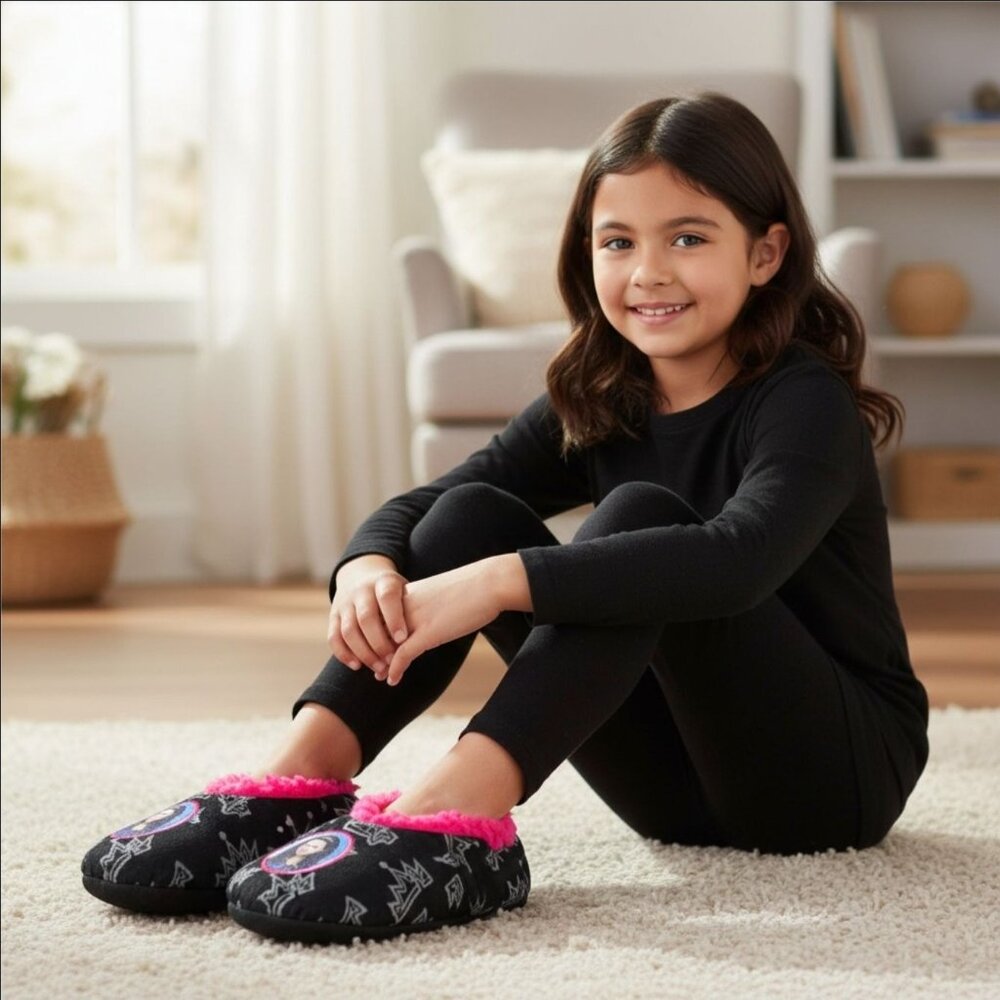 Disney ✦ Descendants Fuzzy Slippers ✦ Black Pink Mal Crown Design Girls M/L NWT
